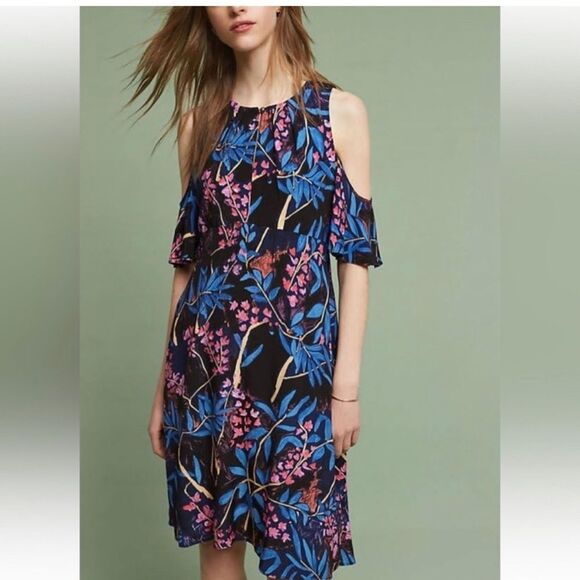 NWOT Anthropologie MAEVE Elia Cold Shoulder midi Dress In Navy Motif size US 8 - Picture 2 of 9